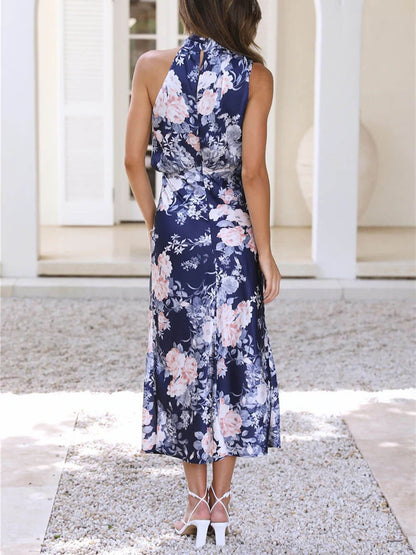 Floral Maxi Dress with Halter Neck and Elastic Waist