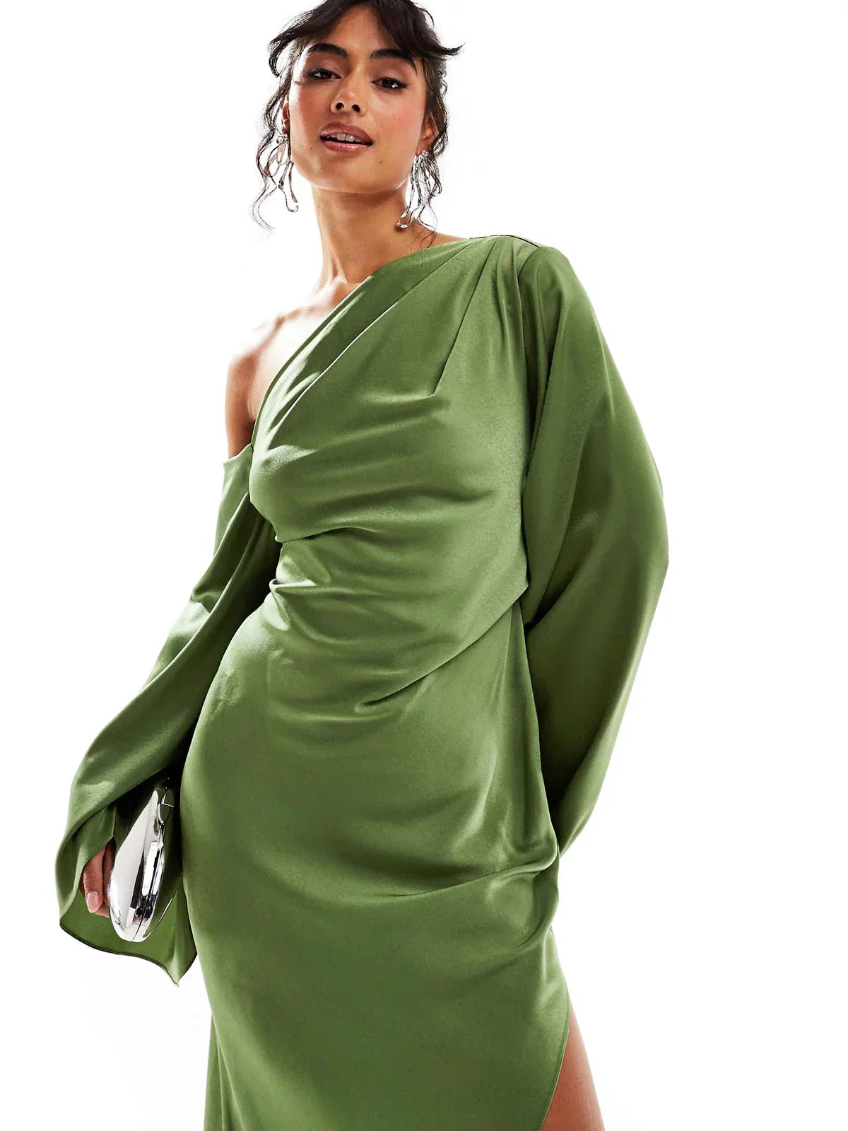 Emerald Asymmetrical Satin Maxi Dress