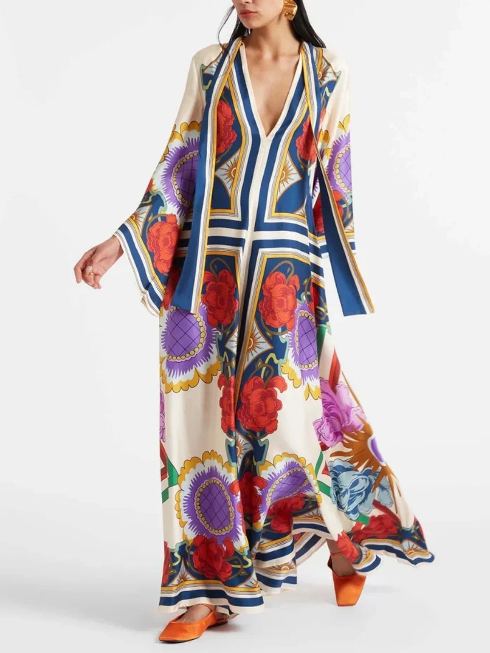 Elegant Floral Print Maxi Dress with Draped Waterfall Sleeves