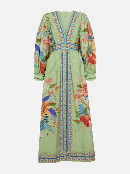 Elegant Floral V-Neck Midi Dress with Single Button Closure