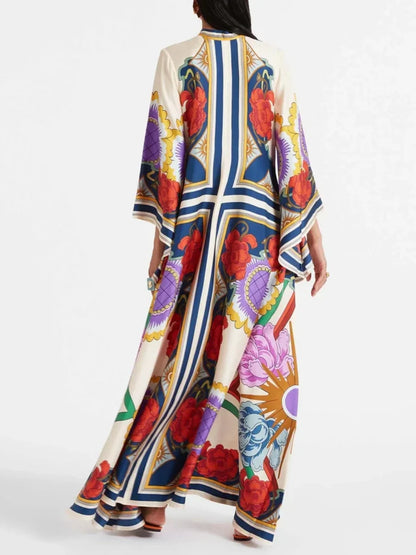 Elegant Floral Print Maxi Dress with Draped Waterfall Sleeves