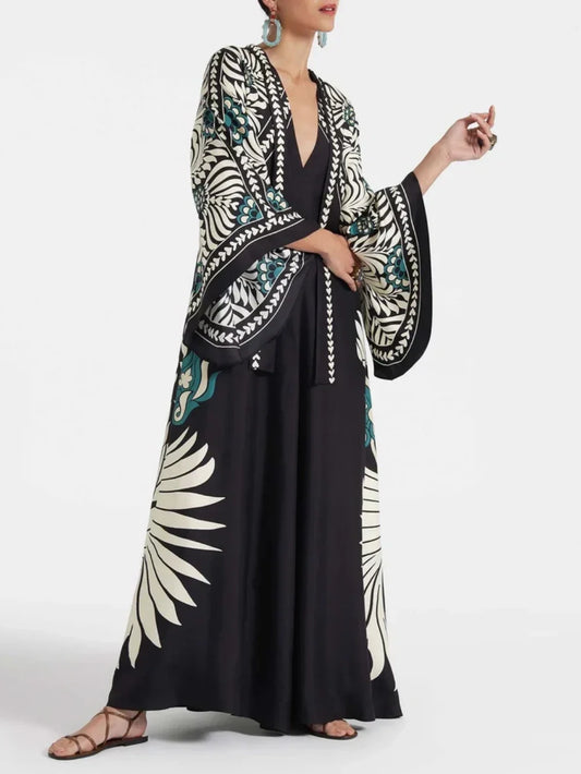 Chic Floral Print Maxi Dress with Flowing Waterfall Sleeves