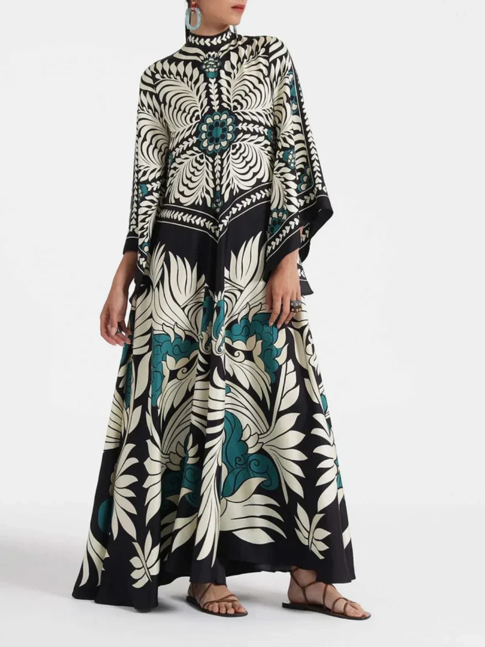 Chic Floral Print Maxi Dress with Flowing Waterfall Sleeves