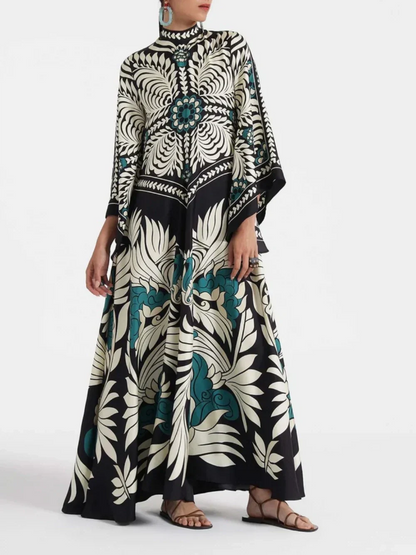 Chic Floral Print Maxi Dress with Flowing Waterfall Sleeves
