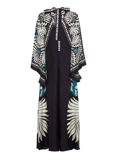 Chic Floral Print Maxi Dress with Flowing Waterfall Sleeves