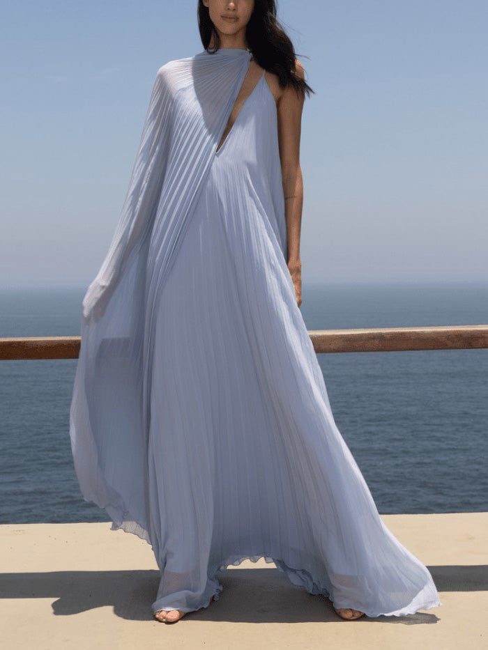 Chic V-Neck Pleated Flowing Maxi Dress