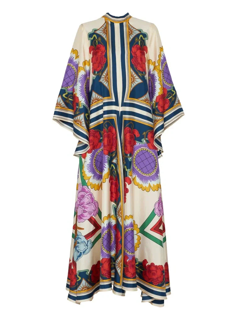 Elegant Floral Print Maxi Dress with Draped Waterfall Sleeves