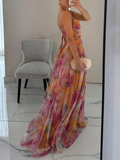 Chic Floral V-Neck A-Line Maxi Dress with Elegant Print