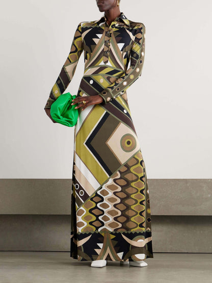 Vintage-Inspired Abstract Print Long Sleeve Maxi Dress