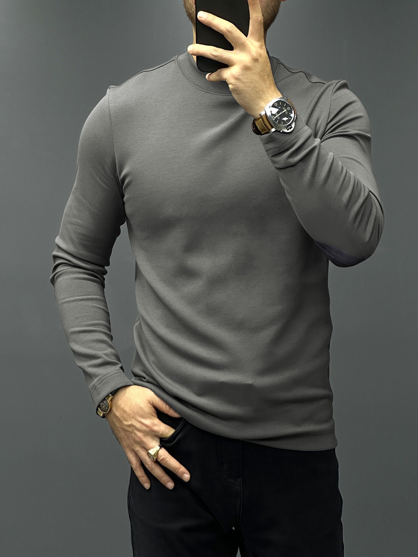 Modal Blend Elbow Patch Long Sleeve Tee:Slim Fit
