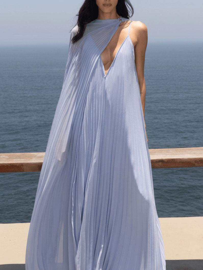 Chic V-Neck Pleated Flowing Maxi Dress