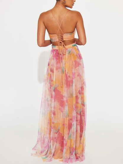 Chic Floral V-Neck A-Line Maxi Dress with Elegant Print