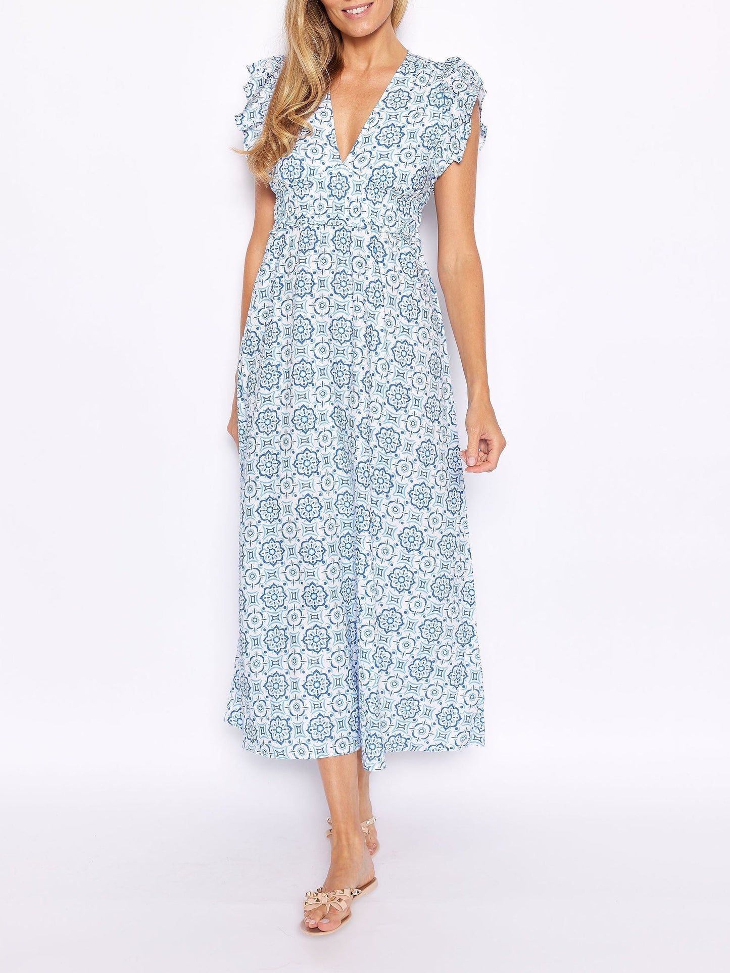 Maxi Dress with Flutter Sleeves and Blue Medallion V-Neck Design