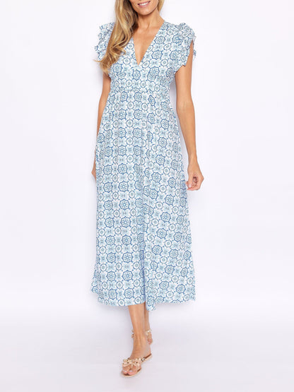 Maxi Dress with Flutter Sleeves and Blue Medallion V-Neck Design