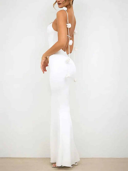 Elegant Backless Fitted Maxi Dresses with Decorative Details