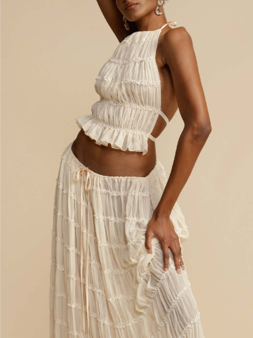 Tiered Maxi Skirt with Pleated Drawstring Charm at the Waist