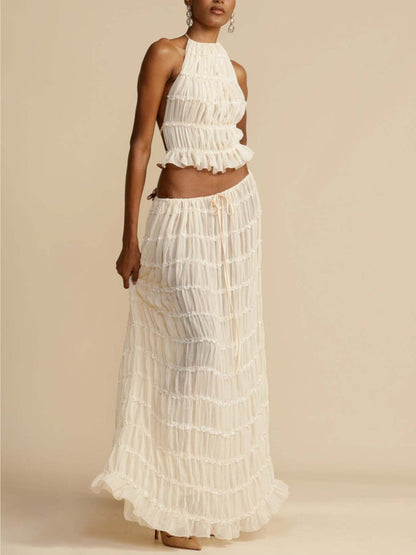 Tiered Maxi Skirt with Pleated Drawstring Charm at the Waist