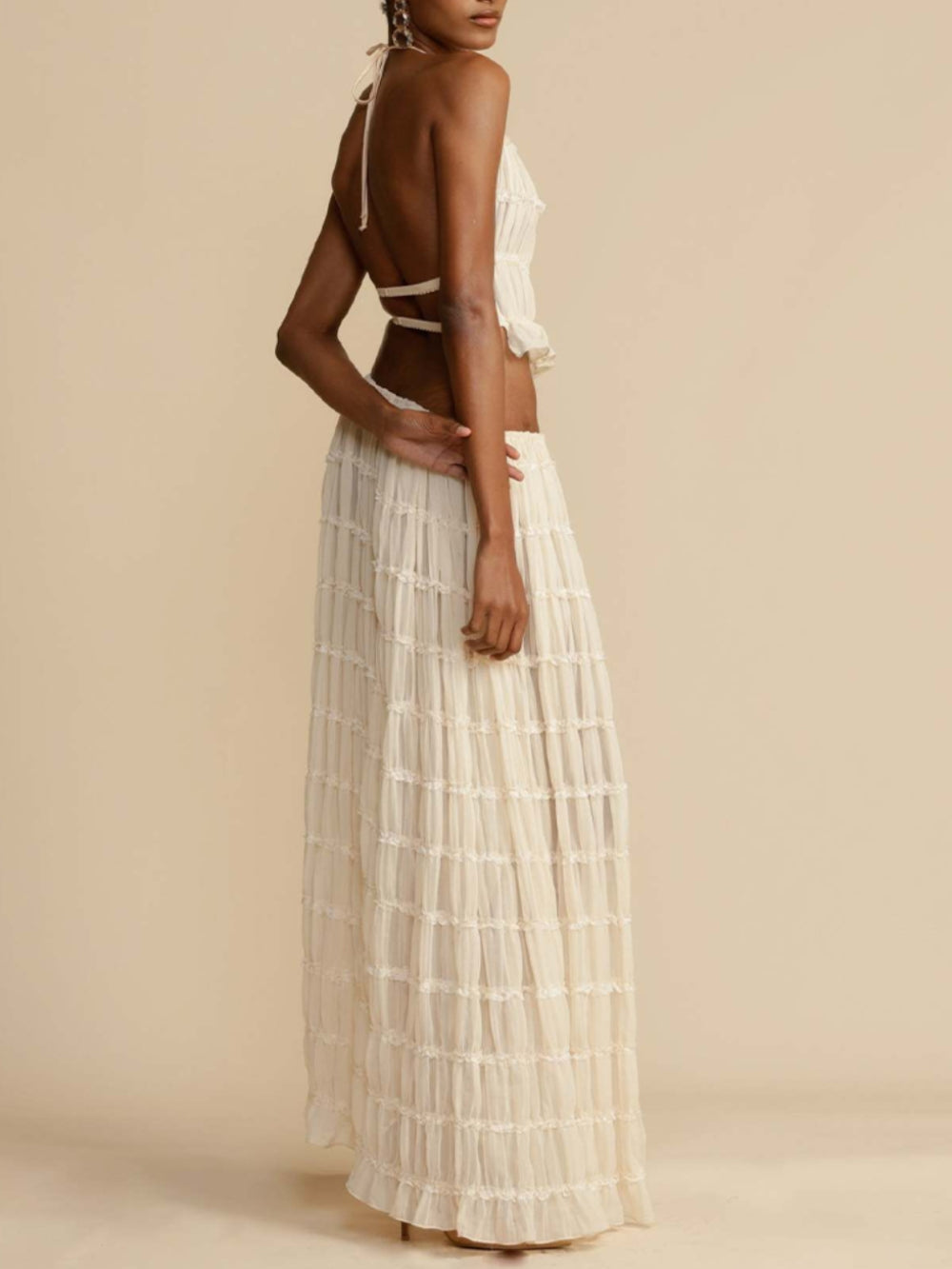 Tiered Maxi Skirt with Pleated Drawstring Charm at the Waist
