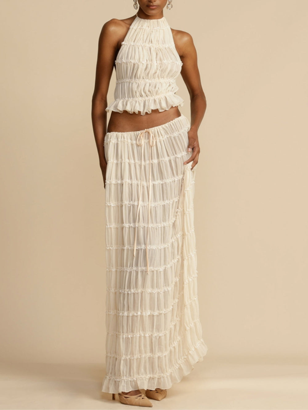 Tiered Maxi Skirt with Pleated Drawstring Charm at the Waist