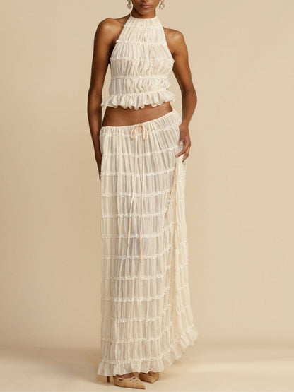Tiered Maxi Skirt with Pleated Drawstring Charm at the Waist