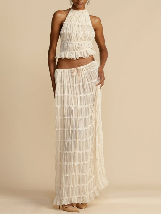 Tiered Maxi Skirt with Pleated Drawstring Charm at the Waist