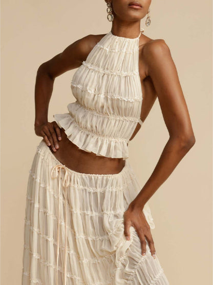 Tiered Maxi Skirt with Pleated Drawstring Charm at the Waist