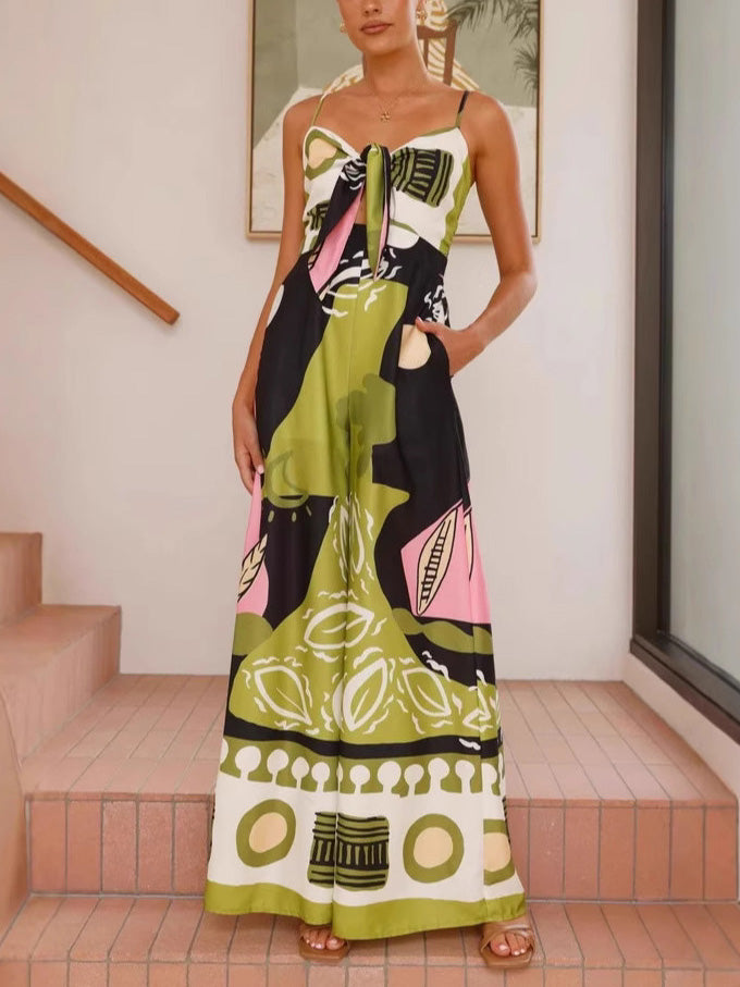 Distinctive Painted Print Wide-Leg Jumpsuit with Suspenders