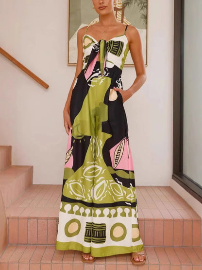 Distinctive Painted Print Wide-Leg Jumpsuit with Suspenders