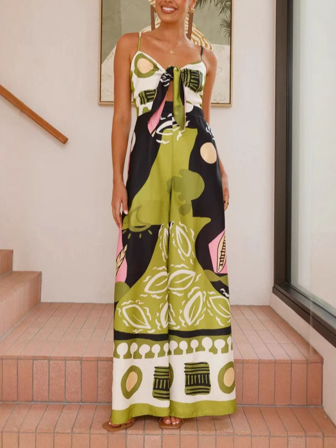 Distinctive Painted Print Wide-Leg Jumpsuit with Suspenders