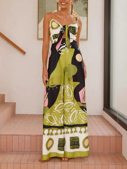 Distinctive Painted Print Wide-Leg Jumpsuit with Suspenders
