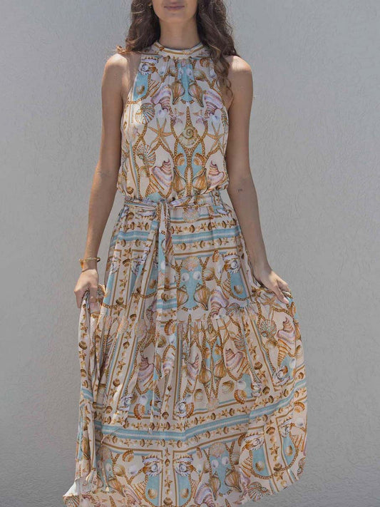 Elegant Satin Maxi Dress with Ocean Treasure Print