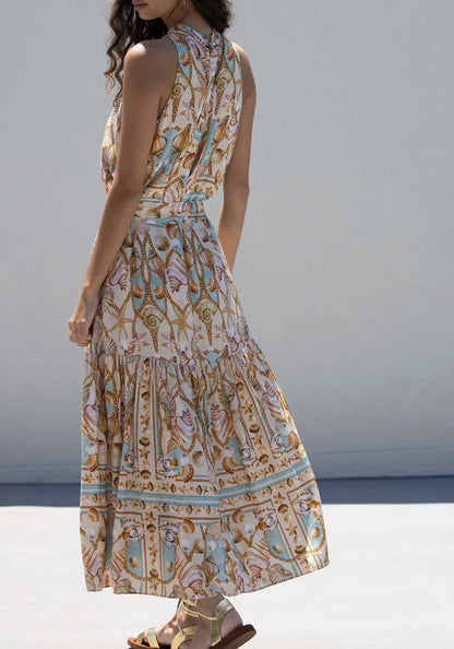 Elegant Satin Maxi Dress with Ocean Treasure Print