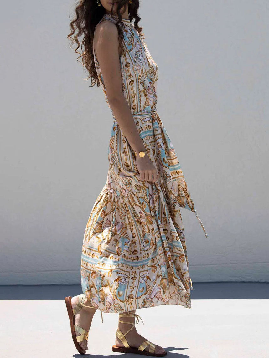 Elegant Satin Maxi Dress with Ocean Treasure Print