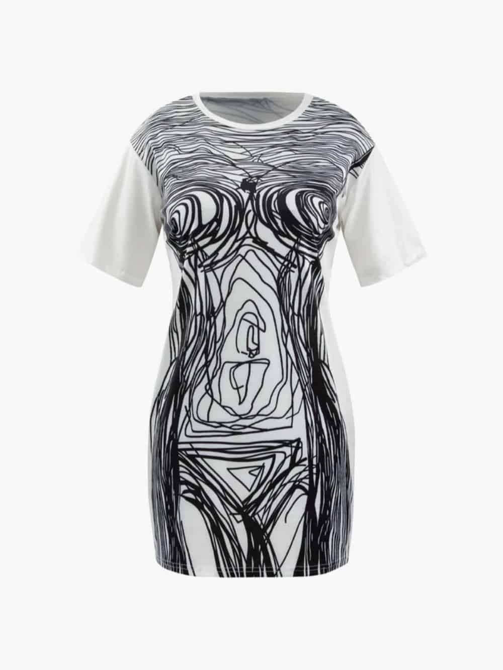 Short Sleeve Mini Dress with Abstract Line Print