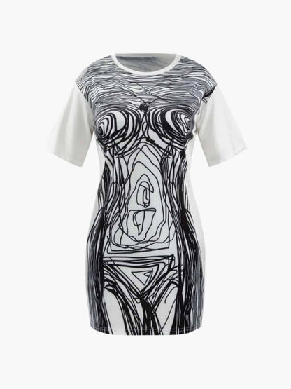 Short Sleeve Mini Dress with Abstract Line Print