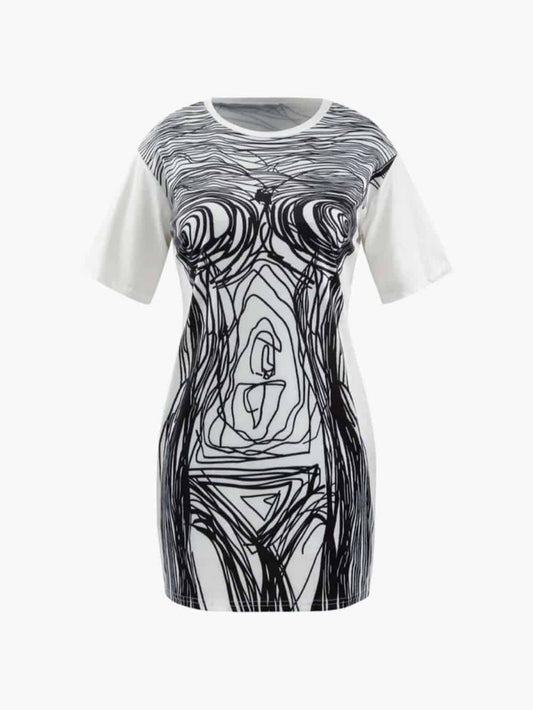 Short Sleeve Mini Dress with Abstract Line Print