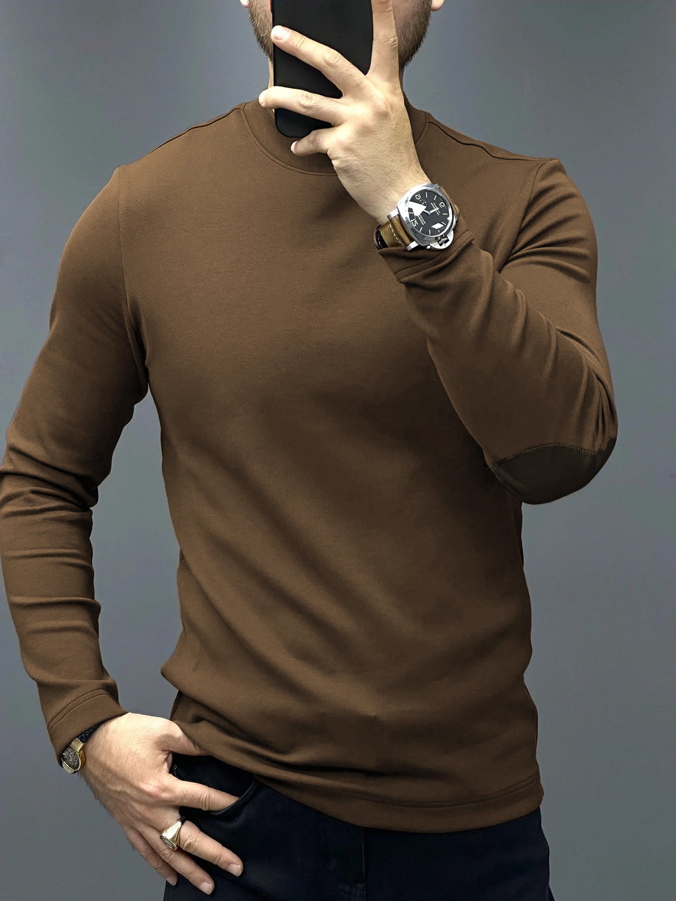 Modal Blend Elbow Patch Long Sleeve Tee:Slim Fit