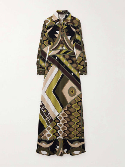 Vintage-Inspired Abstract Print Long Sleeve Maxi Dress