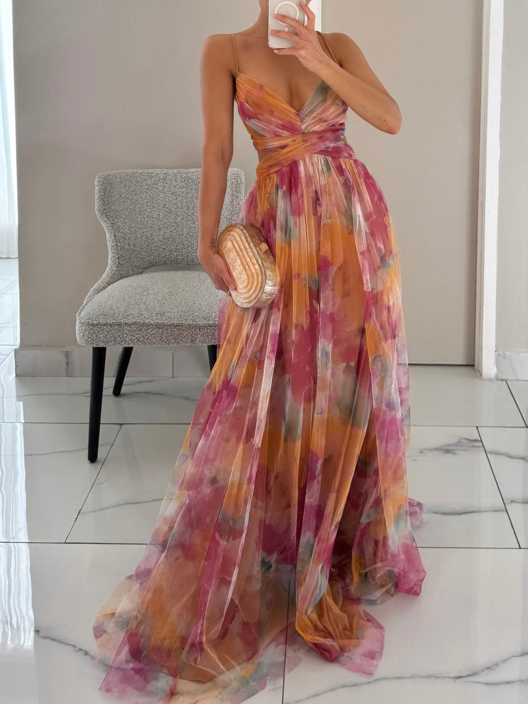 Chic Floral V-Neck A-Line Maxi Dress with Elegant Print