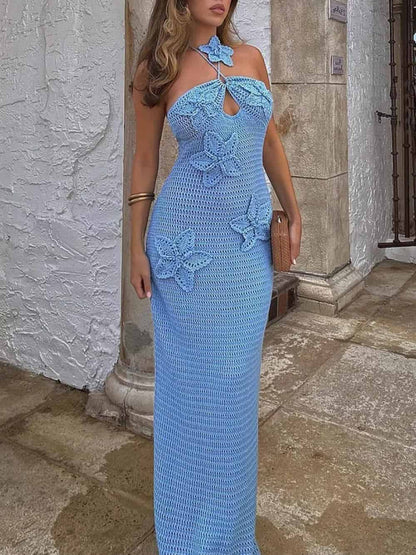 3D Floral Crochet Maxi Dress with Halter Neck and Bodycon Fit