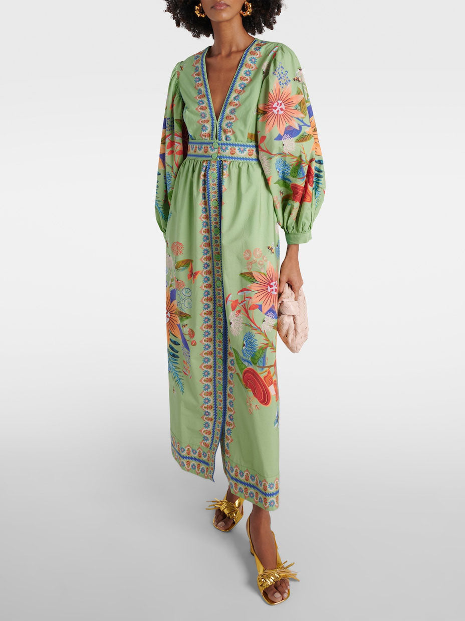 Elegant Floral V-Neck Midi Dress with Single Button Closure