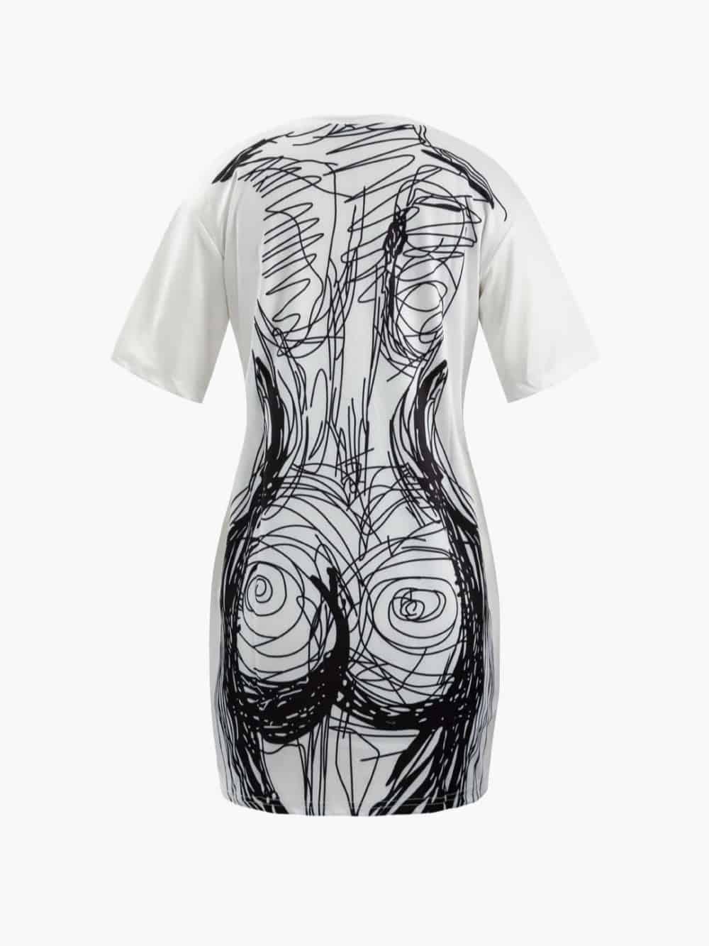 Short Sleeve Mini Dress with Abstract Line Print
