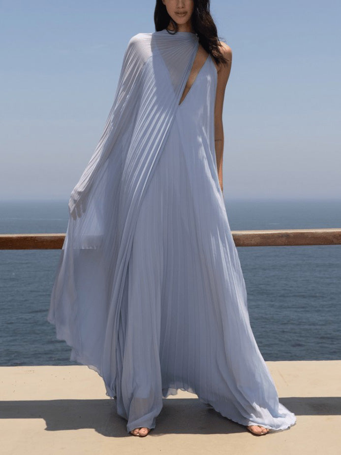 Chic V-Neck Pleated Flowing Maxi Dress