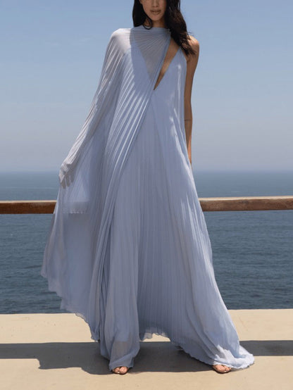 Chic V-Neck Pleated Flowing Maxi Dress