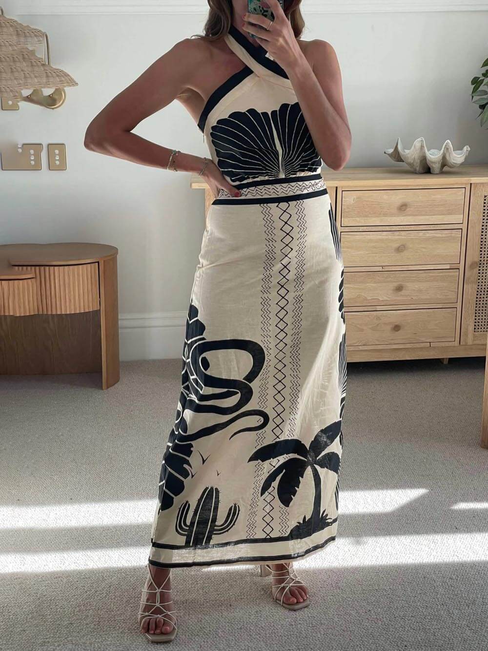 Sleek and Chic Ethnic Print Halter Neck Maxi Dress