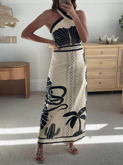 Sleek and Chic Ethnic Print Halter Neck Maxi Dress