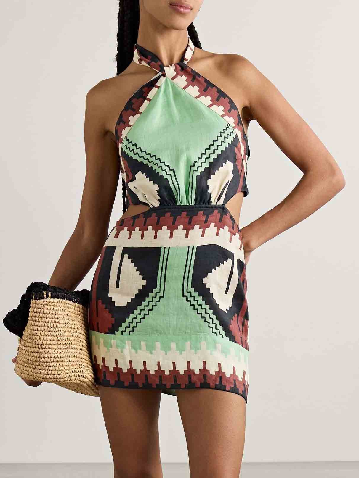 Distinctive Vintage-Inspired Backless Mini Dress with Ethnic Print
