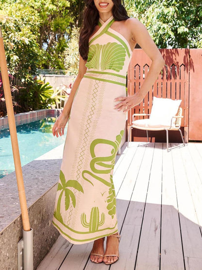 Sleek and Chic Ethnic Print Halter Neck Maxi Dress