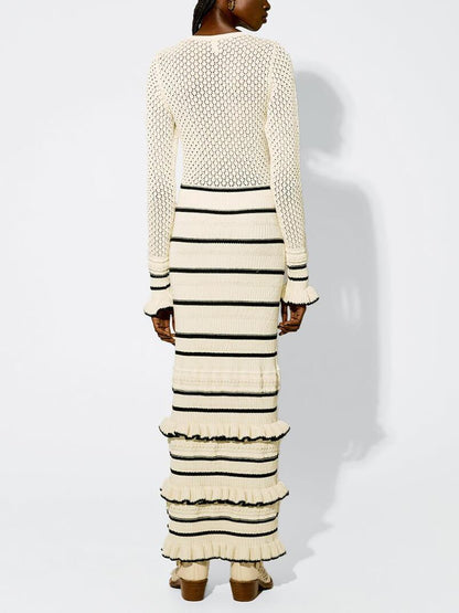 Long Sleeve Maxi Dress with Knit Stripe and Ruffle Details