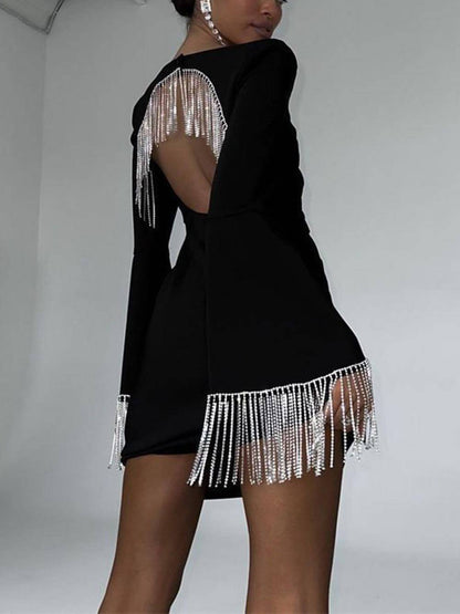 Backless Mini Dress with Imitation Diamond Chain for Party Time